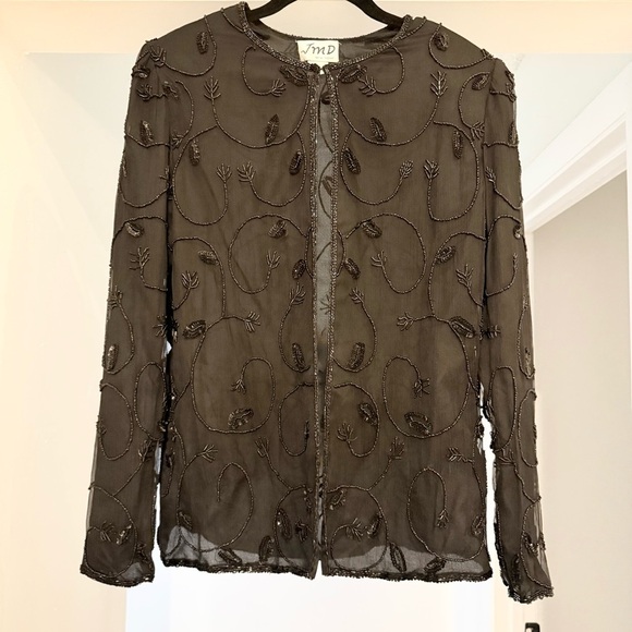 Vintage JMD New York 100% Silk Black Beaded Long Sleeve Cardigan Luxury Elegant - Picture 1 of 12